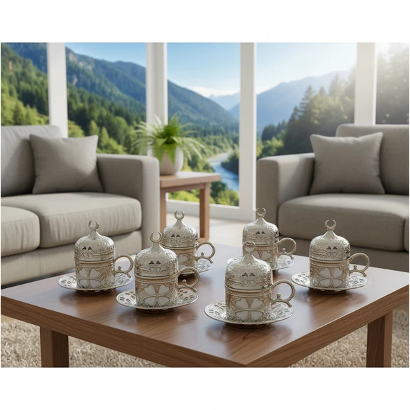 SENA Yonca Desenli 6 Kişilik Porselenli Kapaklı 24 Parça Gümüş Renk Fincan Seti - 5