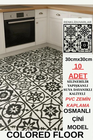 30cmx30cm 10 Adet Yapışkanlı Osmanlı çini Floor Pvc Panel  Zemin Kaplama Paneli Arkası Kauçuklu 2124 - 1