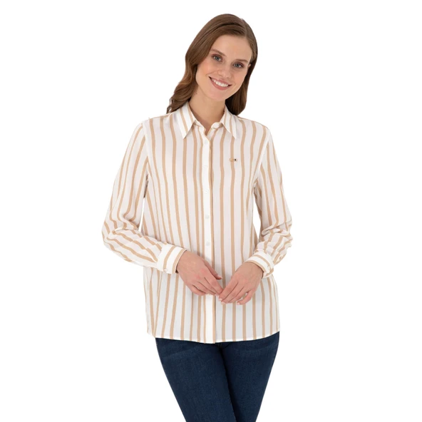 Kadın Beyaz Çizgili Uzun Kollu Gömlek - 3