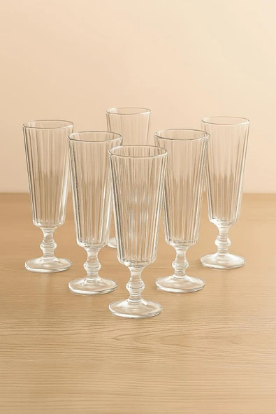 6 lı Şeffaf Flüt Kahve Yanı Su Bardağı Zarif Çizgili Tasarım 140 cc ürün görseli 1