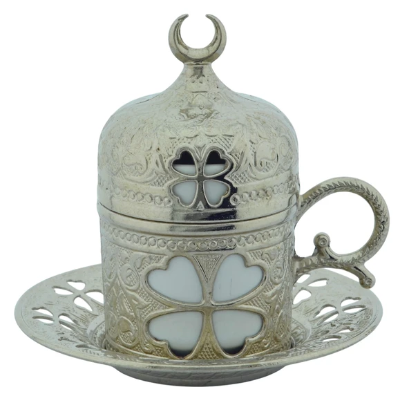 SENA Yonca Desenli 6 Kişilik Porselenli Kapaklı 24 Parça Gümüş Renk Fincan Seti - 6