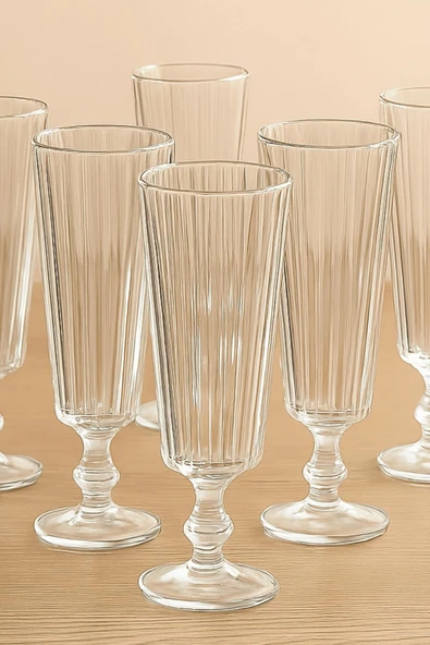 6 lı Şeffaf Flüt Kahve Yanı Su Bardağı Zarif Çizgili Tasarım 140 cc - Resim 2