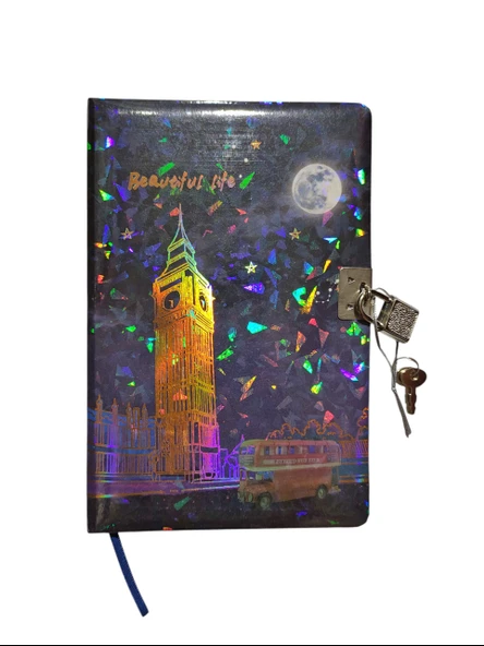 Yıldızlı Gece Hatıra Defteri (Günlük) Kilitli Defter 80 yaprak - Saat Kulesi ürün görseli