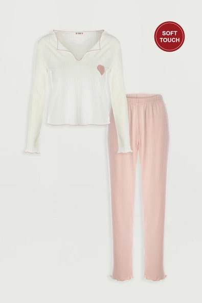 Kadın Soft Touch Fitilli Kalp Detaylı Uzun Kollu Pijama Takımı - 1