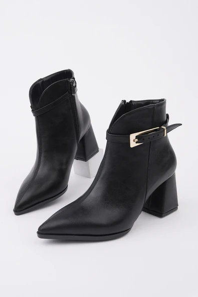 Muggo GLORİA Sivri Burun Kemer Detaylı Kalın Topuklu Fermuarlı Kadın Bot - 8