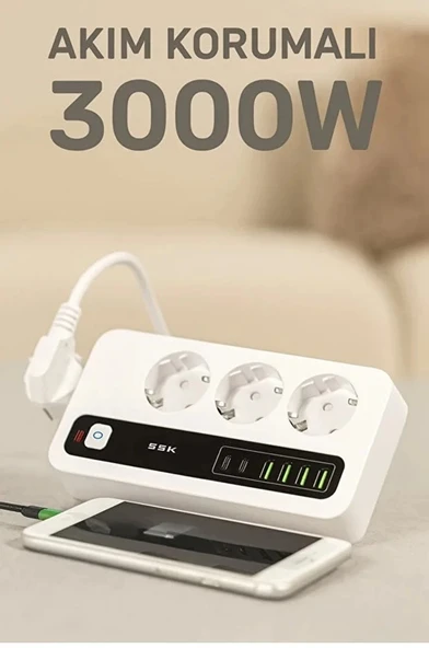 P10 3X Priz 3000W Akım Korumalı 4X Usb 2X Type-c Girişli Çoklu Priz - Resim 4