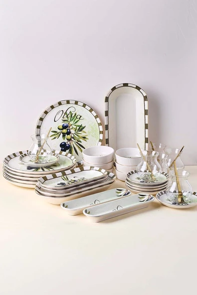 Perotti Olives 37 Parça Yaldızlı Kahvaltılık Seti Çay Seti 6 Kişilik Stackable Kahvaltı Takımı Çay Takımı