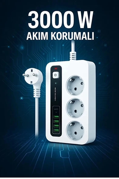 P10 3X Priz 3000W Akım Korumalı 4X Usb 2X Type-c Girişli Çoklu Priz ürün görseli