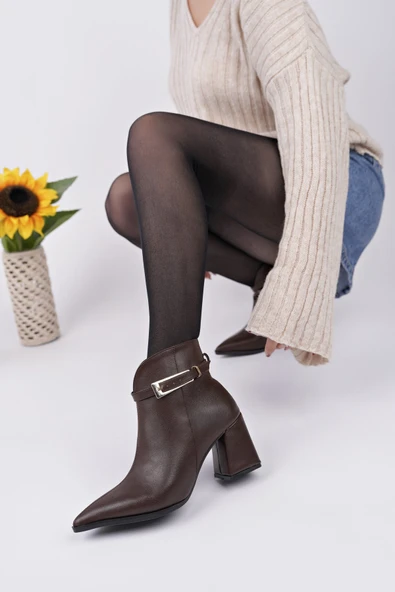 Muggo GLORİA Sivri Burun Kemer Detaylı Kalın Topuklu Fermuarlı Kadın Bot - 3