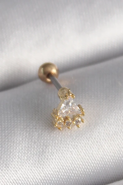 316L Çelik Gold Renk Üçgen Zirkon Taşlı Tragus Piercing - TJ-PR1238 ürün görseli 1