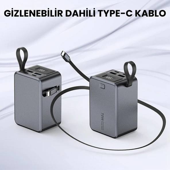 SMAYLİNG 20000 mAh 70W Süper Hızlı Şarj Powerbank Dahili Type C Kablo, Çoklu Çıkış, LED Ekranlı Taşınabilir Şarj Cihazı