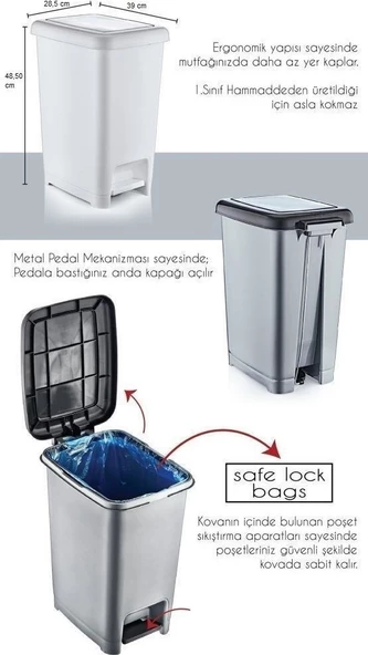 BvLX Slim Pedallı Plastik Çöp Kovası Siyah Kapaklı 40 lt - 2