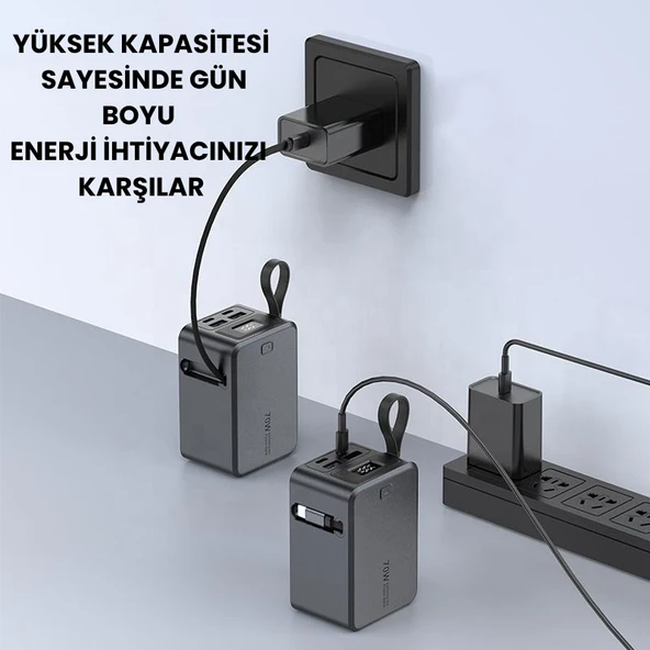 SMAYLİNG 20000 mAh 70W Süper Hızlı Şarj Powerbank  Dahili Type C Kablo, Çoklu Çıkış, LED Ekranlı Taşınabilir Şarj Cihazı - 6