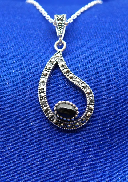 925 Ayar Kadın Oltu Taşı Kadın Kolye sk00095 - Resim 2