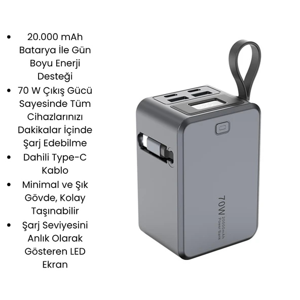 SMAYLİNG 20000 mAh 70W Süper Hızlı Şarj Powerbank  Dahili Type C Kablo, Çoklu Çıkış, LED Ekranlı Taşınabilir Şarj Cihazı - 8