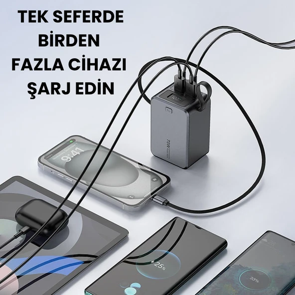 SMAYLİNG 20000 mAh 70W Süper Hızlı Şarj Powerbank  Dahili Type C Kablo, Çoklu Çıkış, LED Ekranlı Taşınabilir Şarj Cihazı - 3