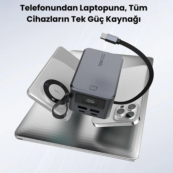 SMAYLİNG 20000 mAh 70W Süper Hızlı Şarj Powerbank  Dahili Type C Kablo, Çoklu Çıkış, LED Ekranlı Taşınabilir Şarj Cihazı - 4