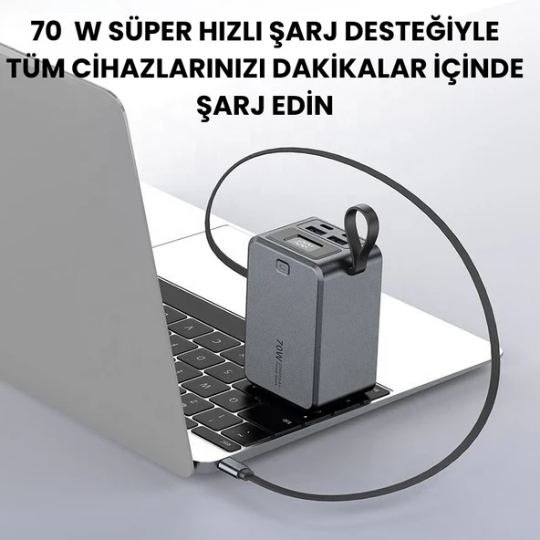 SMAYLİNG 20000 mAh 70W Süper Hızlı Şarj Powerbank  Dahili Type C Kablo, Çoklu Çıkış, LED Ekranlı Taşınabilir Şarj Cihazı - 7
