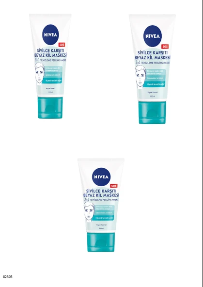 82305 NIVEA SİVİLCE KARŞITI 3'Ü 1 ARADA BEYAZ KİL MASKESİ  3 ADET