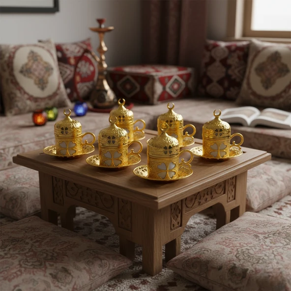 SENA Yonca Desenli 6 Kişilik Porselenli Kapaklı 24 Parça Altın Renk Fincan Seti