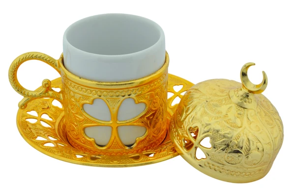 SENA Yonca Desenli 6 Kişilik Porselenli Kapaklı 24 Parça Altın Renk Fincan Seti - 7