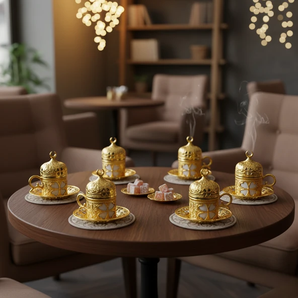 SENA Yonca Desenli 6 Kişilik Porselenli Kapaklı 24 Parça Altın Renk Fincan Seti - 3