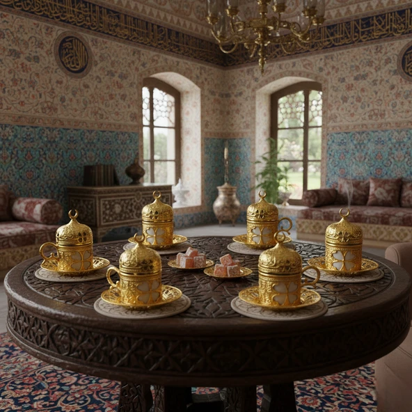 SENA Yonca Desenli 6 Kişilik Porselenli Kapaklı 24 Parça Altın Renk Fincan Seti - 5