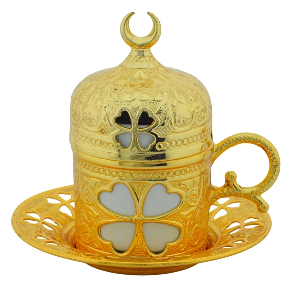 SENA Yonca Desenli 6 Kişilik Porselenli Kapaklı 24 Parça Altın Renk Fincan Seti - 6