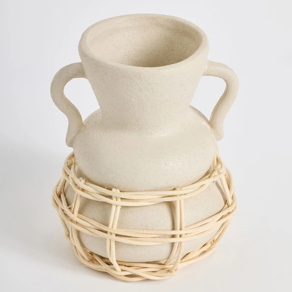 Çömlek Doğal Hasır Örgülü Seramik Vazo - Bej - 16 cm - 2