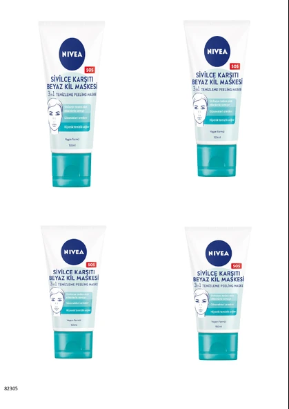 82305 NIVEA SİVİLCE KARŞITI 3'Ü 1 ARADA BEYAZ KİL MASKESİ  4 ADET