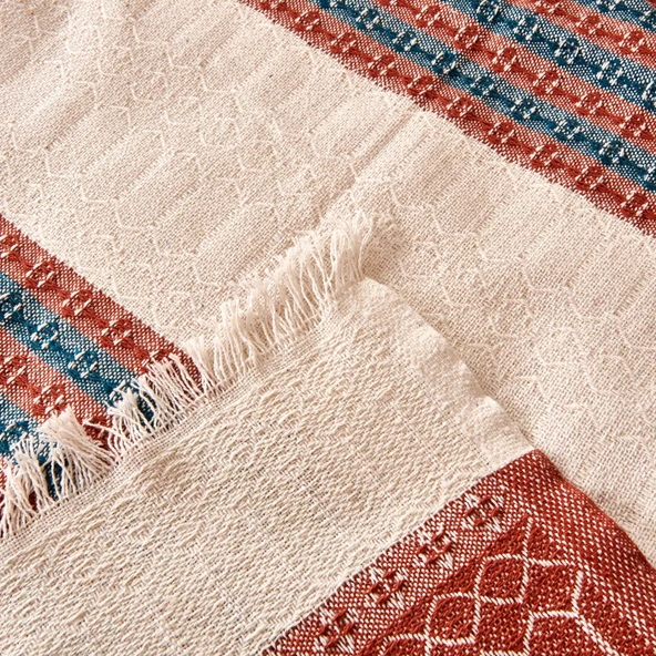 Soft Marun Çift Kişilik Yatak Örtüsü - Ekru / Kırmızı - 200x230 cm - Resim 3