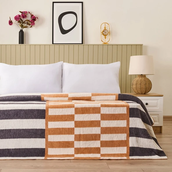 Soft Lemi Pamuklu Çift Kişilik Battaniye - Hardal / Antrasit - 200x220 cm ürün görseli