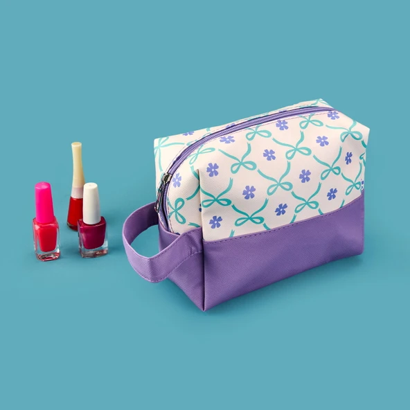 Kurdele Detaylı Kozmetik Çantası - Krem / Lila - 17x20 cm - Resim 3