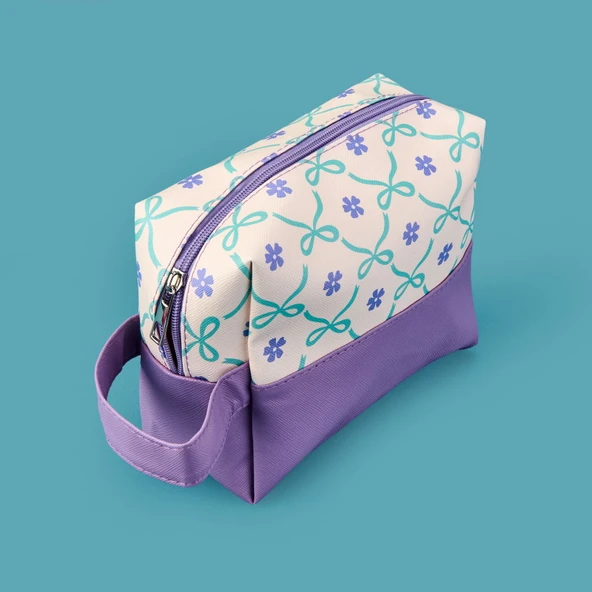 Kurdele Detaylı Kozmetik Çantası - Krem / Lila - 17x20 cm ürün görseli 1