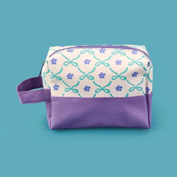 Kurdele Detaylı Kozmetik Çantası - Krem / Lila - 17x20 cm - Resim 2