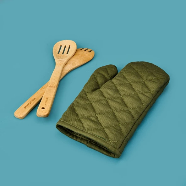 Gabardin Fırın Eldiveni - Yeşil - 17x30 cm - Resim 2