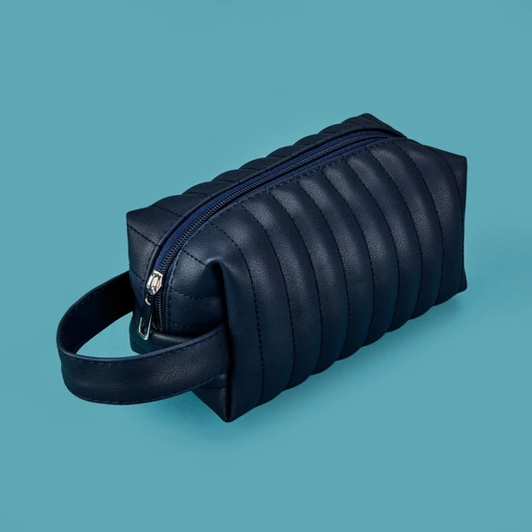 Kapitone Kozmetik Çantası - Mavi - 18x10 cm ürün görseli 1