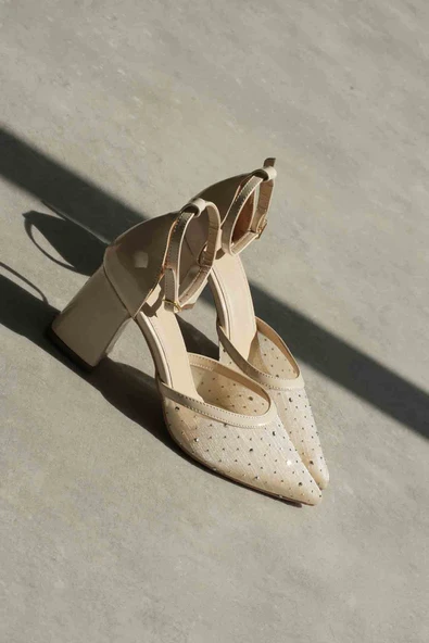 Borie Bej Tekstil Kumaş Taşlı Kadın Topuklu Ayakkabı - Resim 16