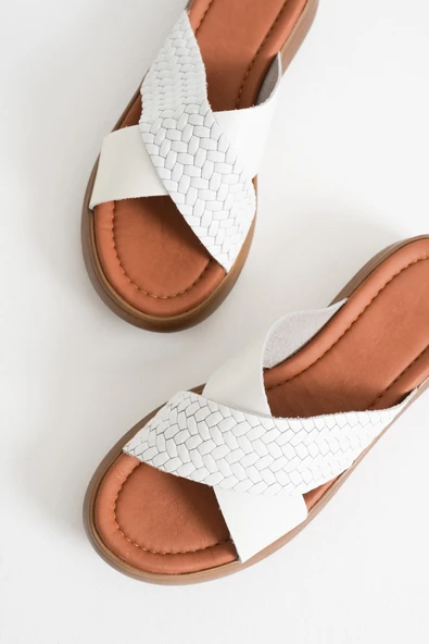 Fayn Beyaz Hakiki Deri Terlik - Resim 2