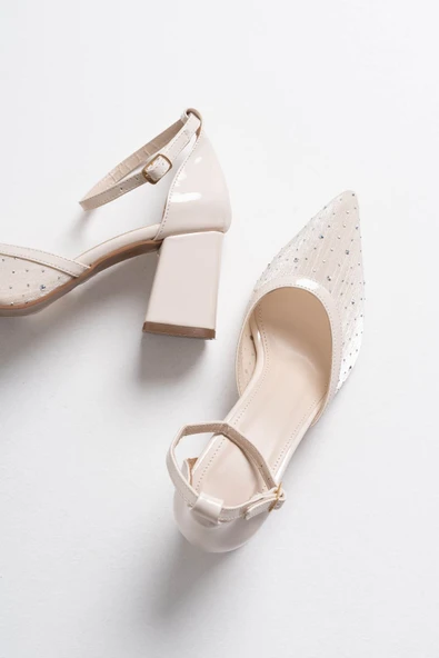 Borie Bej Tekstil Kumaş Taşlı Kadın Topuklu Ayakkabı - Resim 4