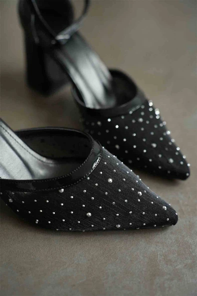Borie Siyah Tekstil Kumaş Taşlı Kadın Topuklu Ayakkabı - Resim 9