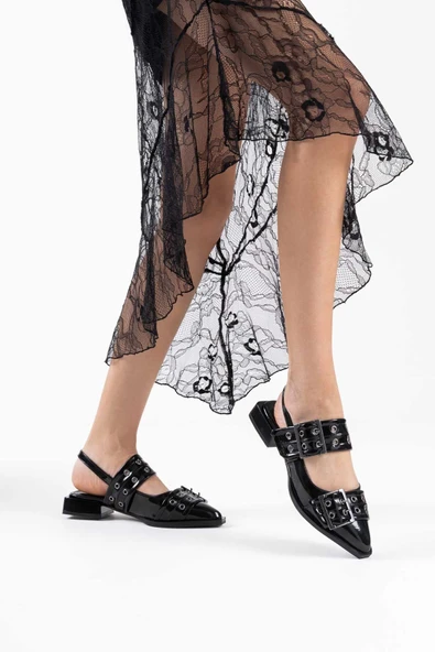 Pony Siyah Rugan Kemer Detaylı Kadın Topuklu Ayakkabı - Resim 6