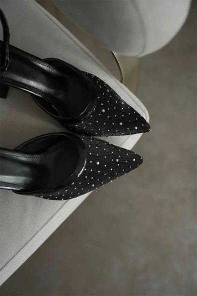 Borie Siyah Tekstil Kumaş Taşlı Kadın Topuklu Ayakkabı - Resim 20