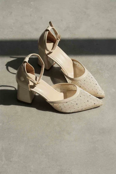 Borie Bej Tekstil Kumaş Taşlı Kadın Topuklu Ayakkabı - Resim 8