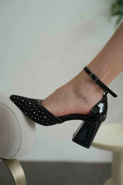 Borie Siyah Tekstil Kumaş Taşlı Kadın Topuklu Ayakkabı - Resim 8