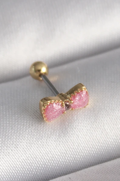 316L Çelik Gold Renk Pembe Fiyonk Model Tragus Piercing - TJ-PR1294 ürün görseli 1