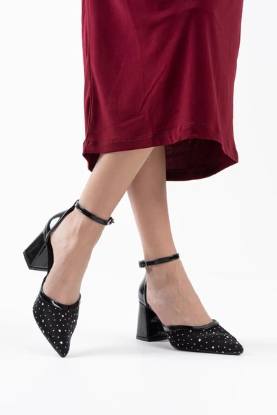 Borie Siyah Tekstil Kumaş Taşlı Kadın Topuklu Ayakkabı - Resim 4