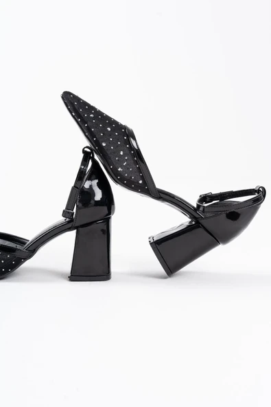 Borie Siyah Tekstil Kumaş Taşlı Kadın Topuklu Ayakkabı - Resim 12