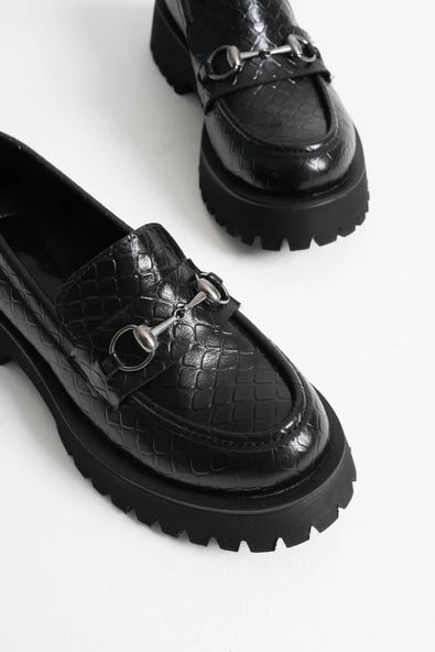 Lara Toka Detaylı Siyah Kroko Baskılı Günlük Loafer Ayakkabı - 7