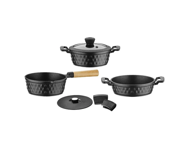 Diamond 5 Parça Yanmaz Yapışmaz Siyah Midi Set - Resim 3